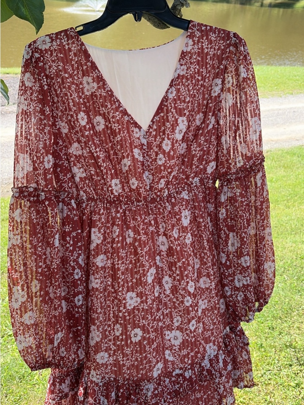 Women's Floral V-Neck Long Sleeve Dress in Rust Floral